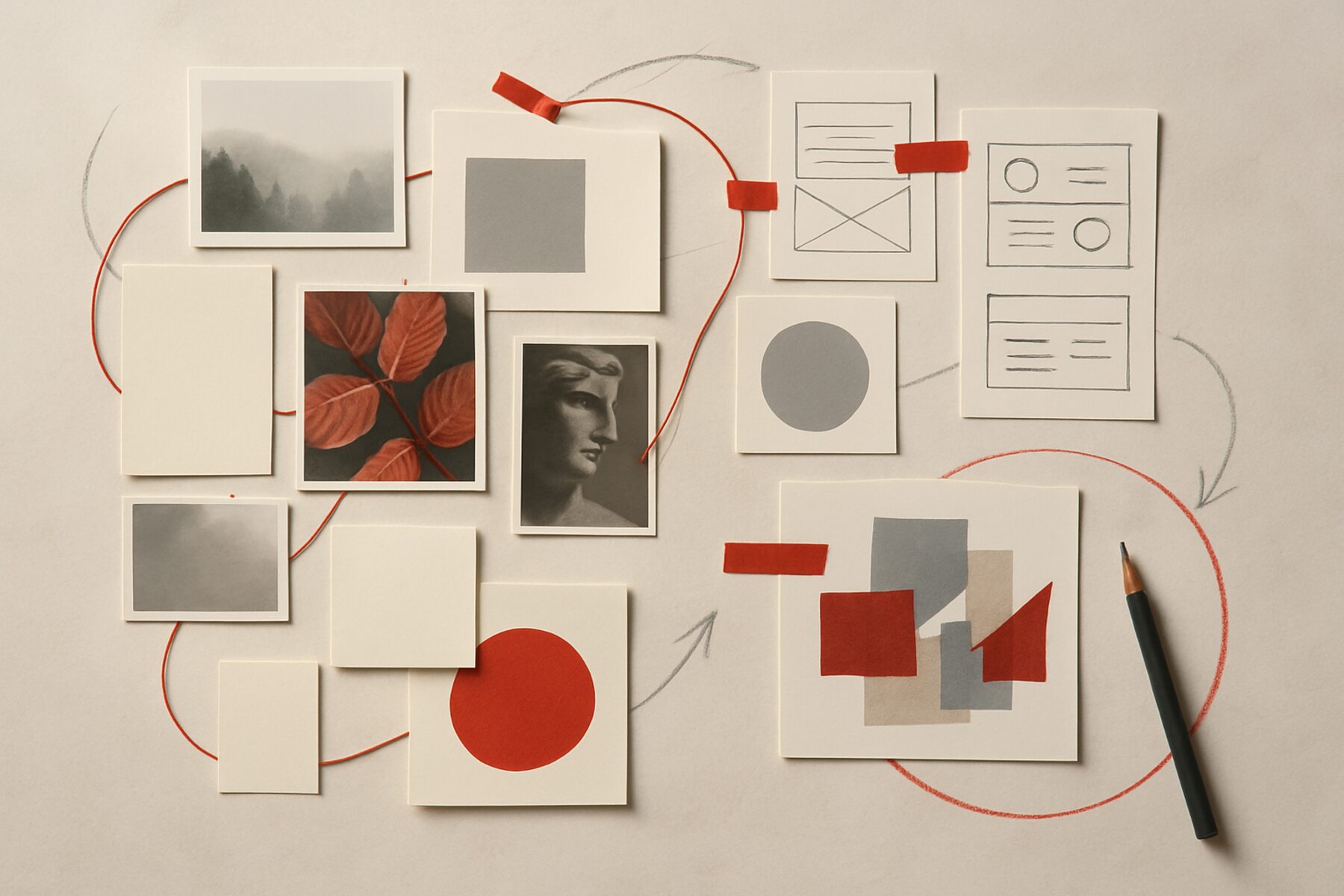 Moodboard di orientamento con materiali visuali, wireframe e segni rossi.